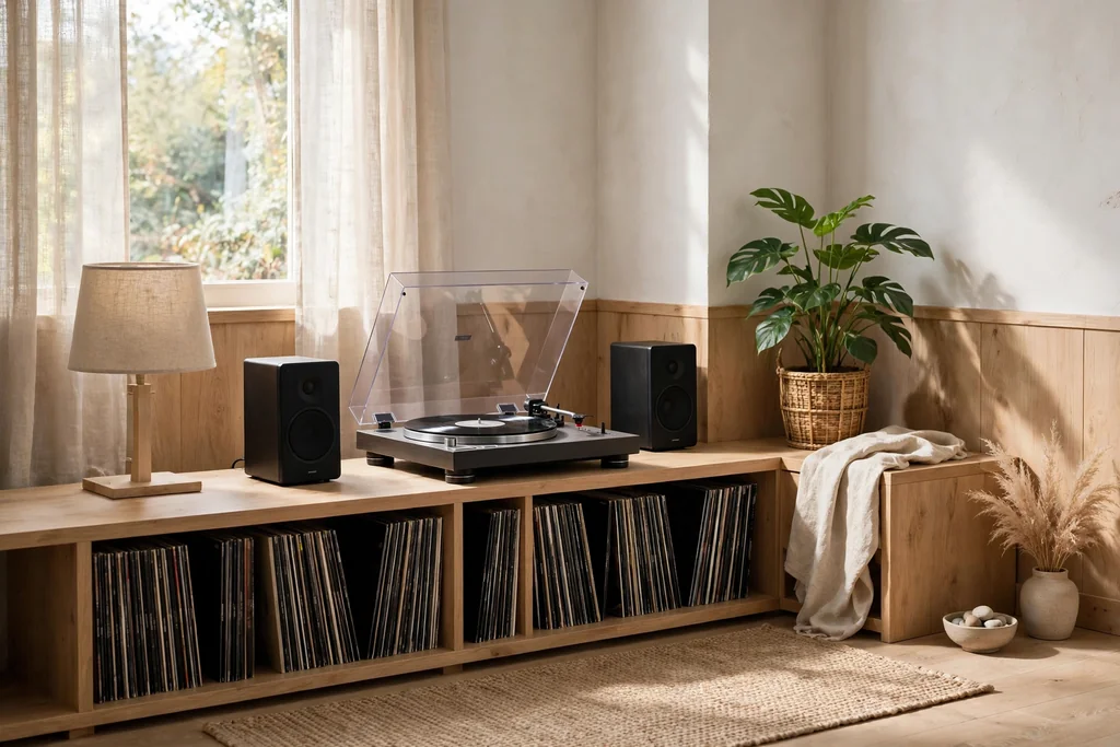 Low console with a turntable, speakers, and upright vinyl records in a living room corner.