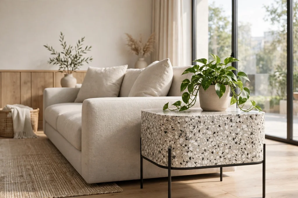 Terrazzo side table with speckled stone surface beside a sofa in a living room.