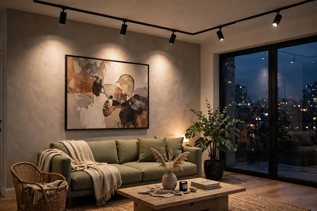 Living room ceiling with black track lighting aimed at art, a sofa, and a plant.