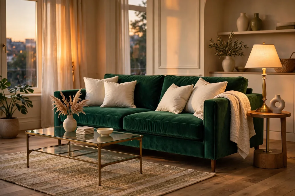 Jewel tone emerald velvet sofa with cream cushions, brass lamp, and glass coffee table.