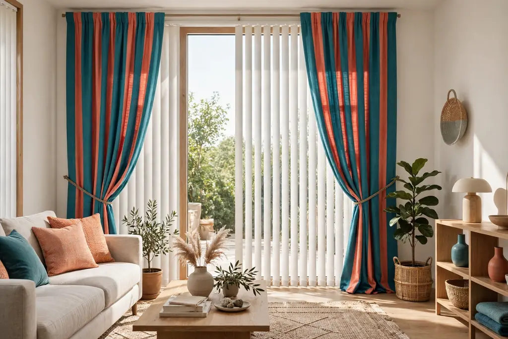 Living room window with vertical blinds and bold striped drapes in teal and coral.