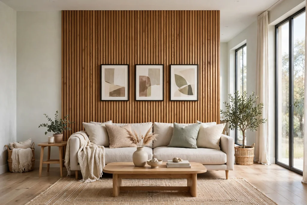 Living room feature wall with warm vertical wood panelling behind a sofa and art.