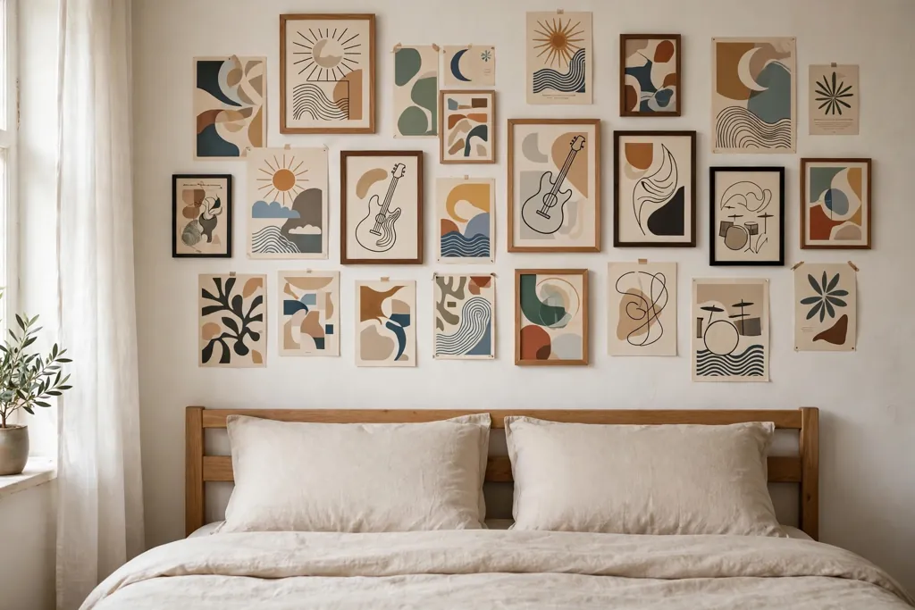 Bedroom wall above a bed covered with framed band posters and music flyers.