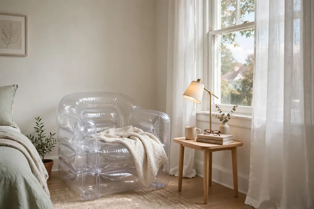 Bedroom corner with a clear inflatable chair, small side table, and reading lamp by a window.