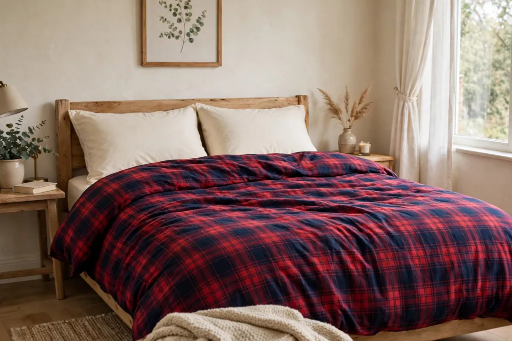 Bed with red and navy plaid flannel bedding and plain cream pillows.