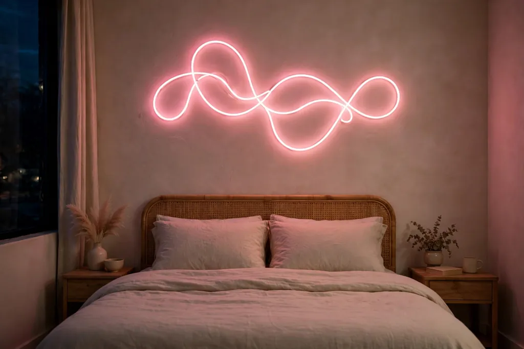 Bedroom wall above a bed with a soft pink neon style word sign glowing in the evening.