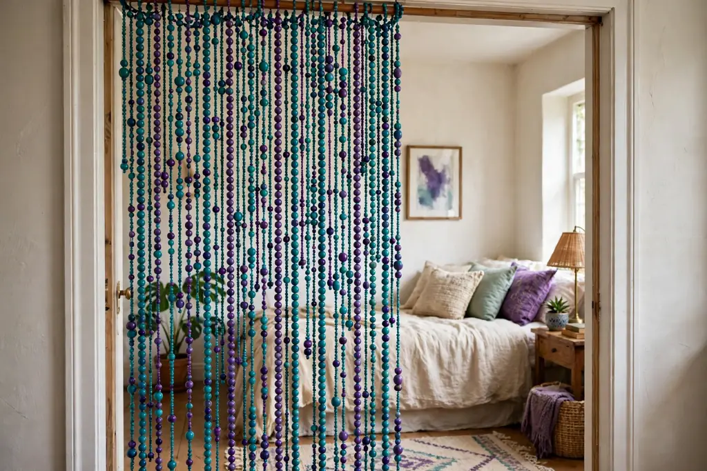 Bedroom doorway with a colorful beaded curtain in teal and purple beads.
