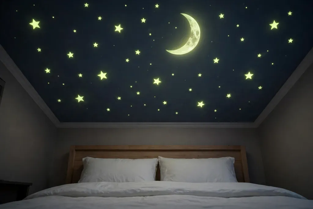 Bedroom ceiling above a bed with glow in the dark stars and a crescent moon at night.