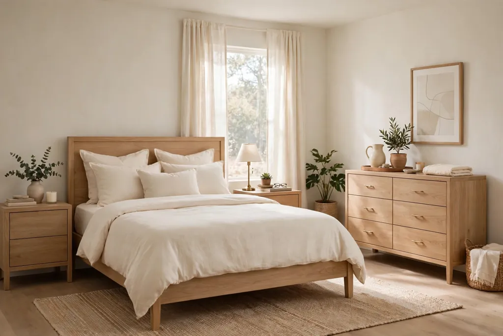 Bedroom with light oak bed frame, dresser, and nightstands with plain bedding.