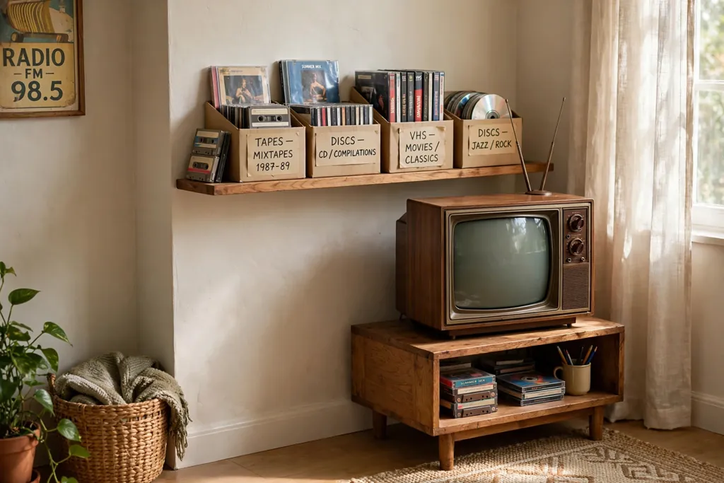 Bedroom corner with a retro style TV on a low stand and a shelf of tapes and discs.