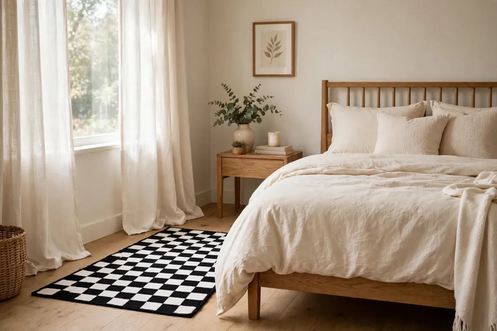 Bedroom with a black and white checkerboard rug beside a bed with cream bedding.