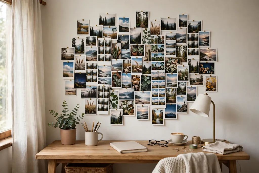 Bedroom wall with a tight cluster of film photos and photo booth strips above a desk.