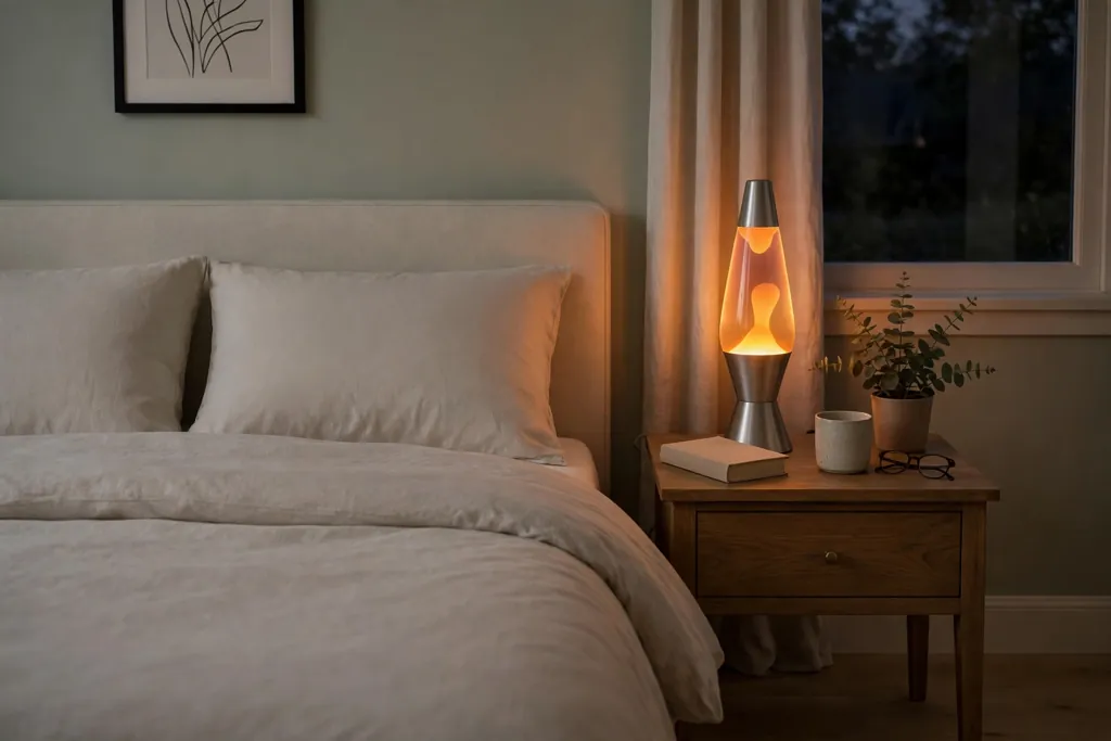 Bedroom nightstand with a lava lamp glowing beside a bed in the evening.
