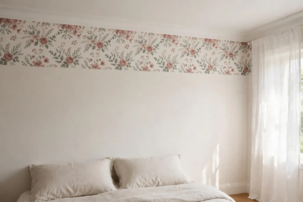 Bedroom wall top with a floral wallpaper border in dusty rose and sage below the ceiling.