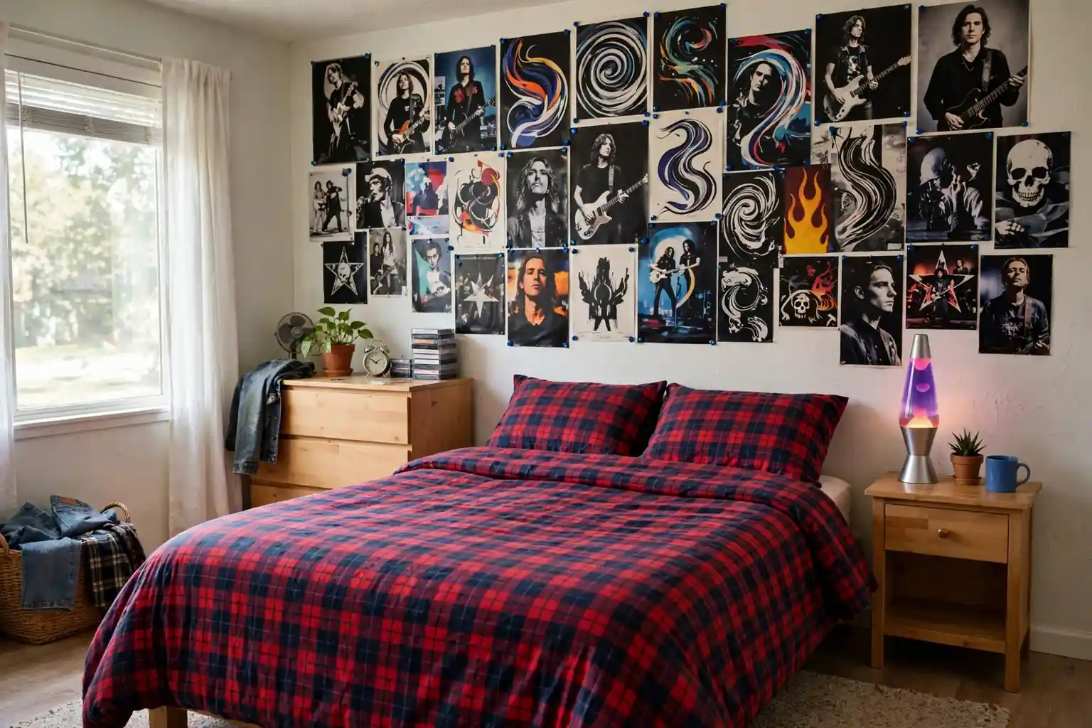Wide 90s bedroom with a band poster wall, plaid bedding, and a lava lamp in soft daylight.