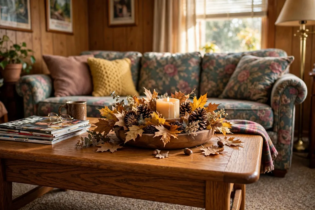 Oak coffee table with an autumn centerpiece of dried leaves, pinecones and a candle in a 1990s living room.