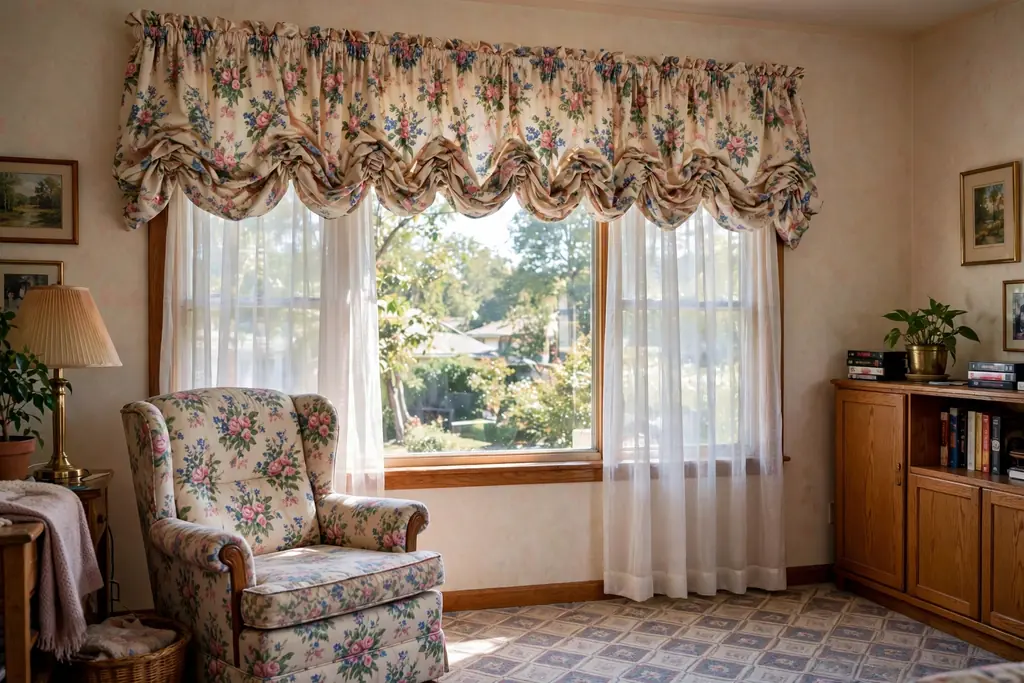 Window with a gathered balloon valance over sheer curtain panels in a 1990s living room.