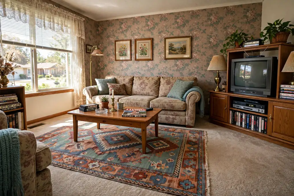 Patterned area rug layered over beige berber carpet under a sofa and coffee table in a 1990s living room.