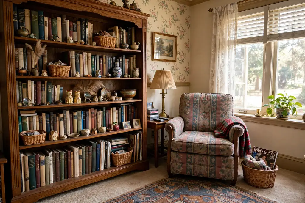 Wooden bookshelf styled with rows of books, small baskets and ceramic collectibles in a 1990s living room.