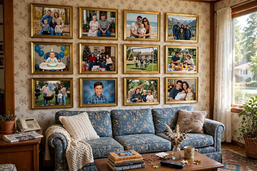 Wall of family photographs in matching brass frames arranged in a grid above a sofa in a 1990s living room.