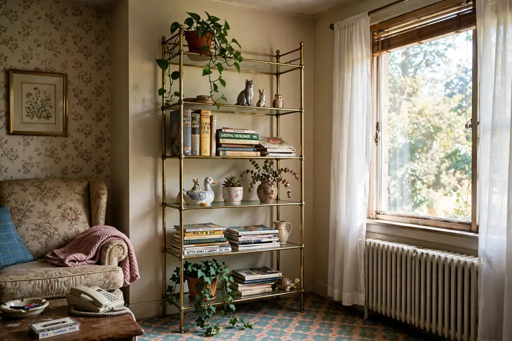 Tall brass and glass etagere shelf displaying plants, books and ceramic figurines in a 1990s living room.