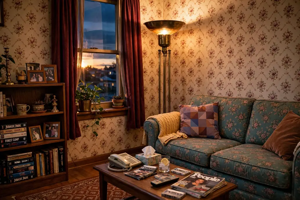 Tall brass torchiere floor lamp beside a sofa with warm evening light in a 1990s living room.