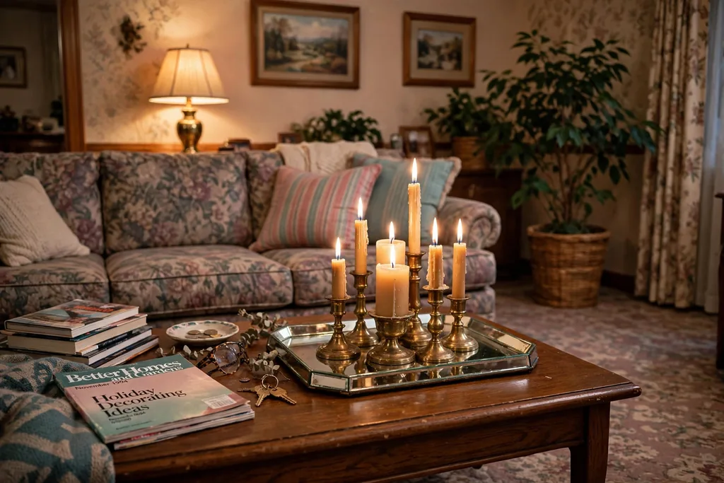 Cluster of candles in brass holders on a mirrored tray on a coffee table in a 1990s living room.