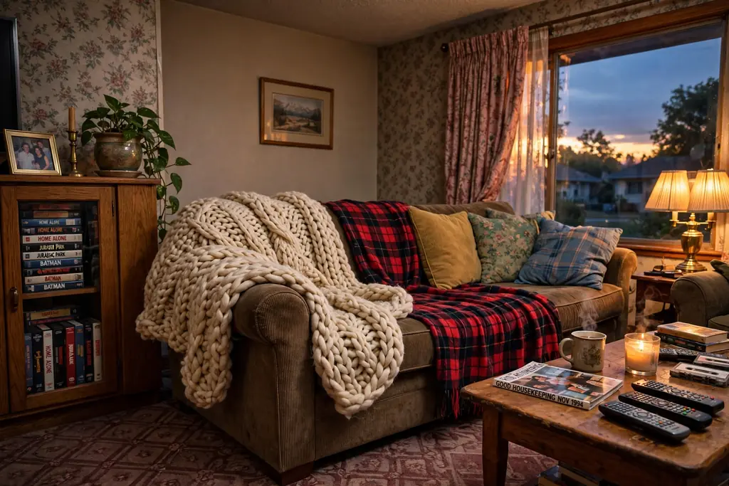 Sofa draped with a chunky knit throw and a plaid flannel throw in a 1990s living room.