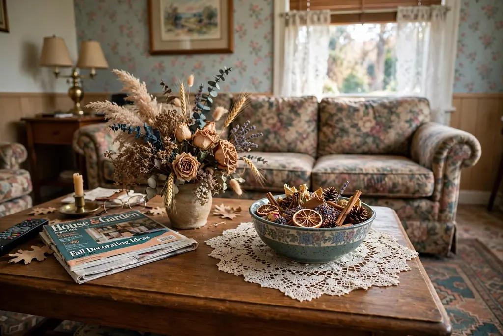 Coffee table with a dried flower arrangement and a bowl of potpourri in a 1990s living room.
