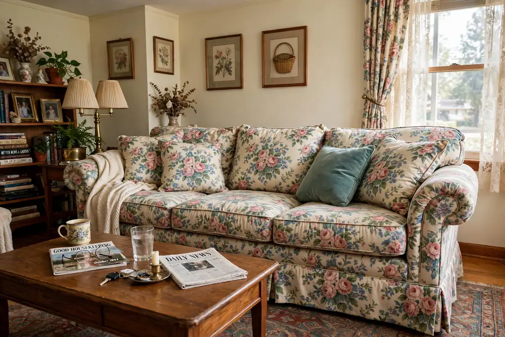 Overstuffed sofa in floral chintz fabric with rolled arms in a 1990s living room.