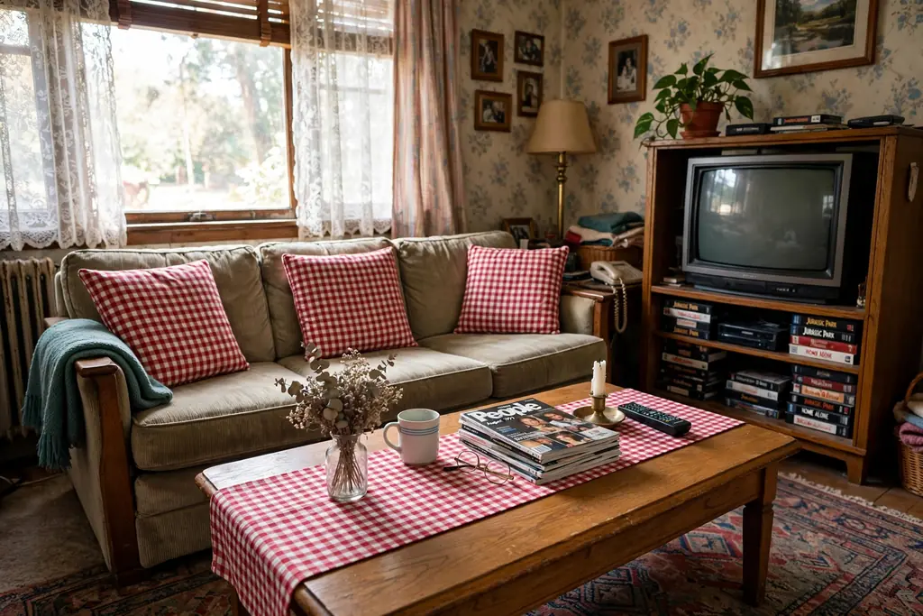 Sofa with red and white gingham check cushions and a matching check table runner in a 1990s living room.