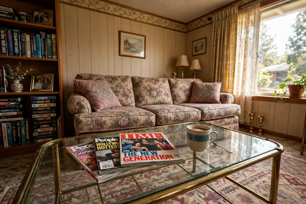 Glass top coffee table with a brass frame, magazines and a cup on top in a 1990s living room.
