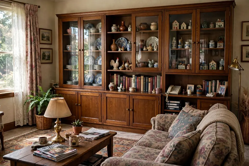 Wooden wall unit with glass doors displaying books and ceramic collections in a 1990s living room.