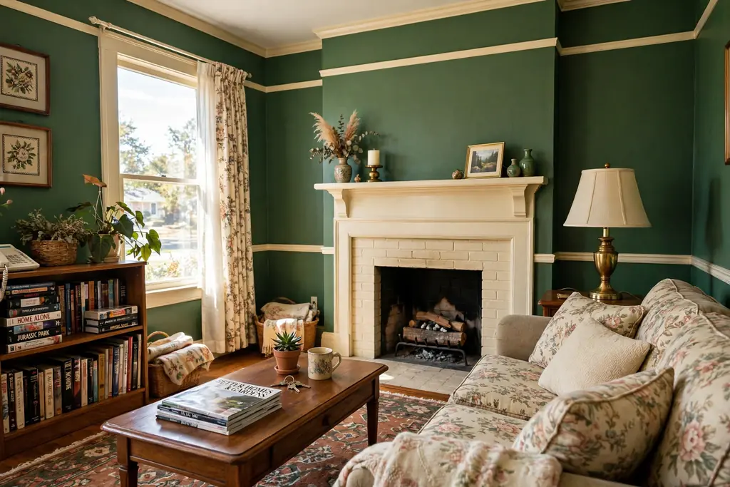 Living room with deep hunter green walls, cream trim, and a fireplace mantel in a 1990s living room.
