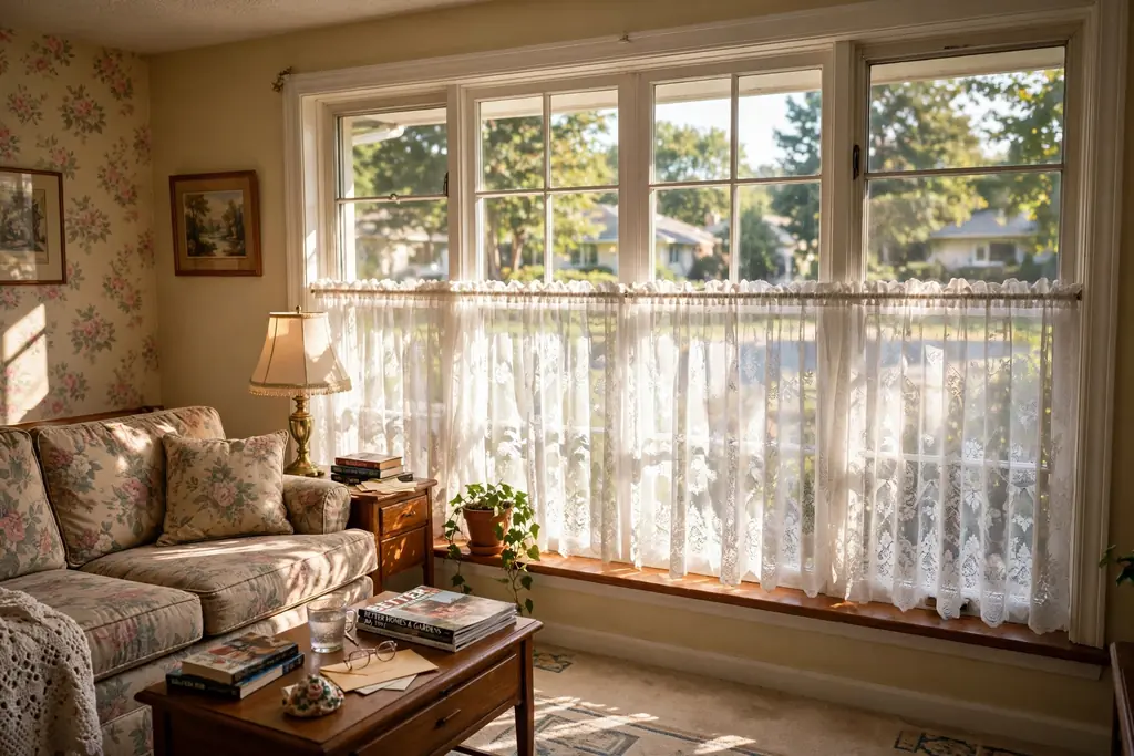 Window with white lace cafe curtains covering the lower half of a 1990s living room window.