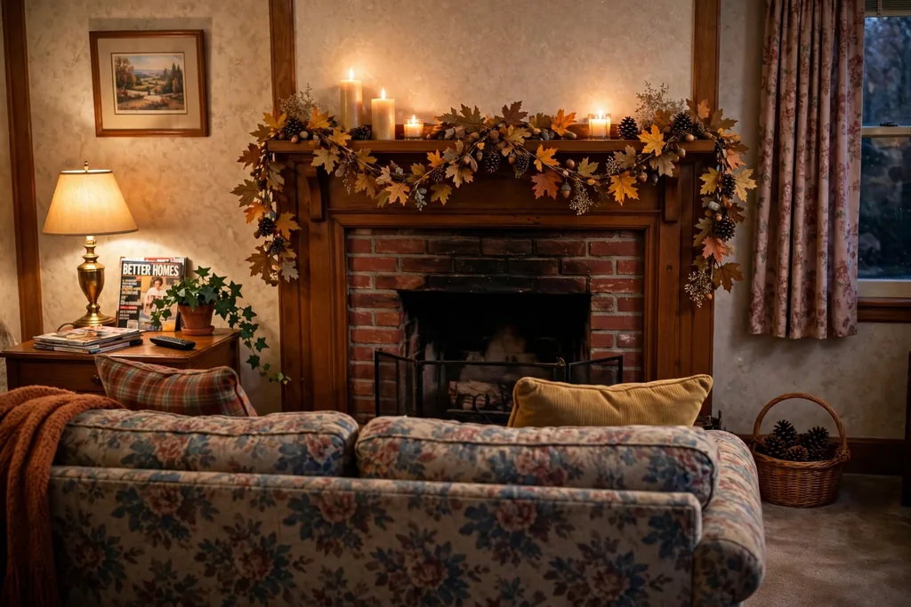 Fireplace mantel decorated with an autumn leaf garland, candles and pinecones in a 1990s living room.