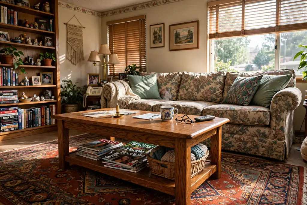 Oak coffee table with a lower shelf holding magazines and a basket in a 1990s living room.