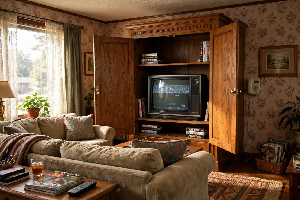 Tall oak entertainment armoire with doors open showing a television inside a 1990s living room.