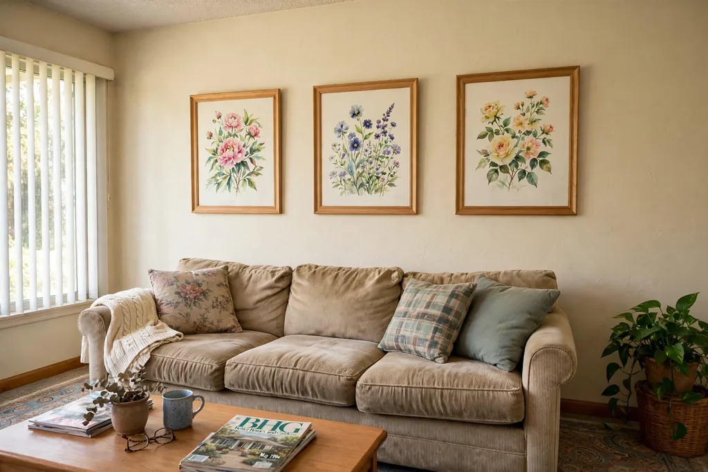 Floral watercolor paintings in light oak frames hung above a sofa in a 1990s living room.