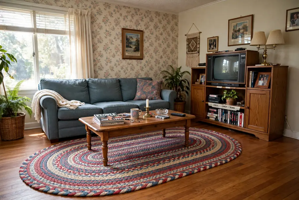 Large oval braided rug in muted red, blue and cream under a sofa and coffee table in a 1990s living room.