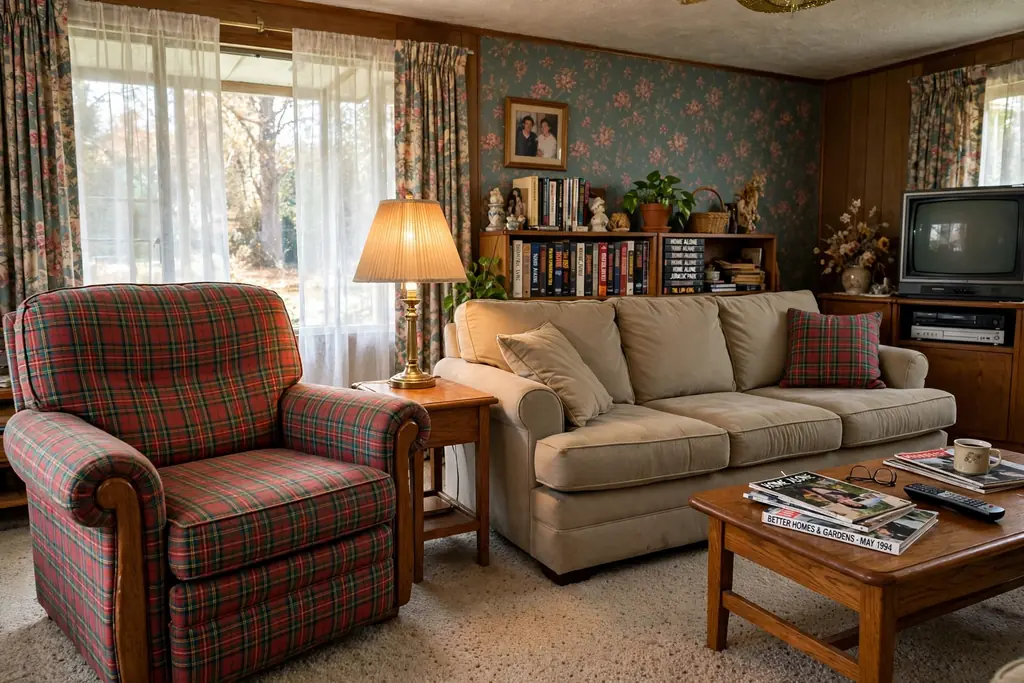 Plaid armchair beside a plain solid sofa with a wooden side table and lamp in a 1990s living room.