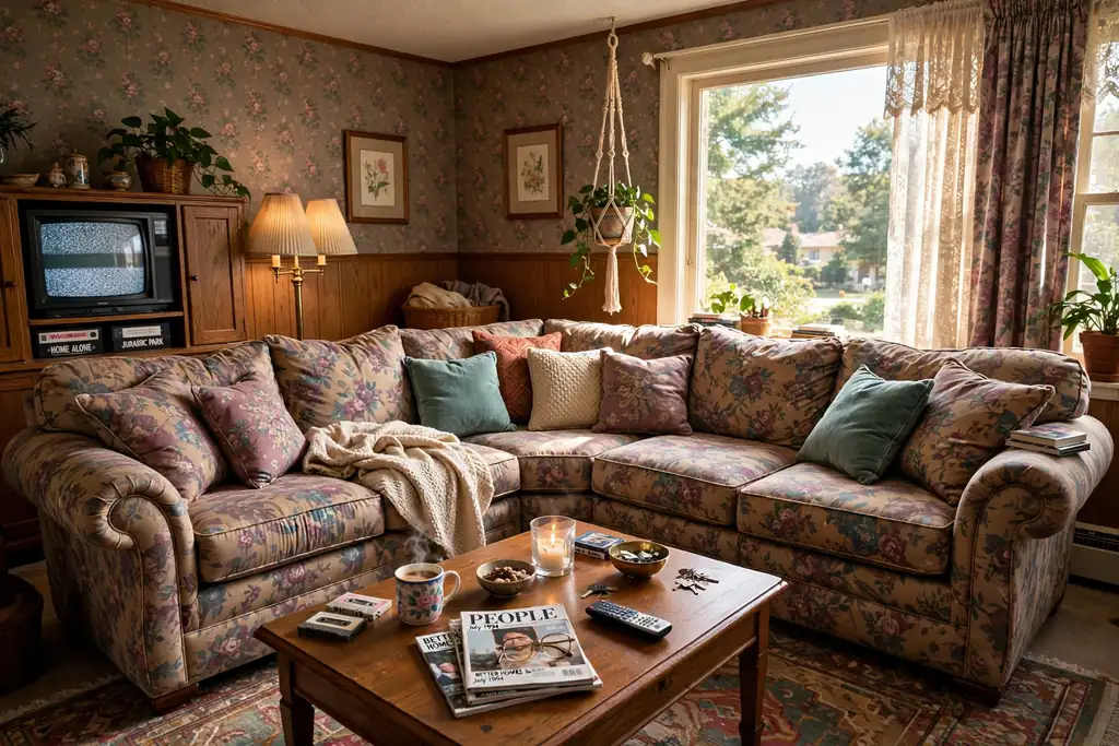 Large rolled arm sectional arranged around a coffee table for conversation in a 1990s living room.