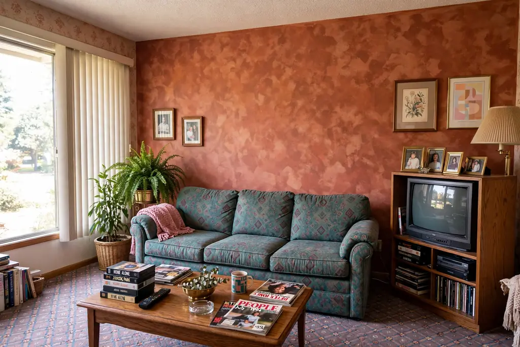 Sponge painted accent wall in warm terracotta tones with soft mottled texture in a 1990s living room.