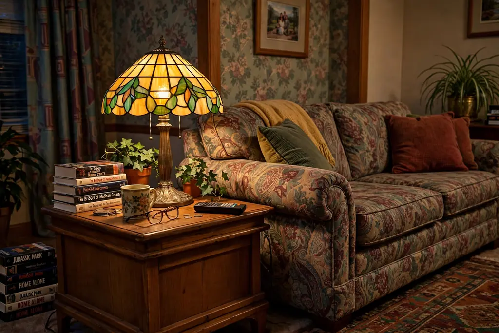 Side table with a stained glass table lamp in warm amber and green tones beside a sofa.