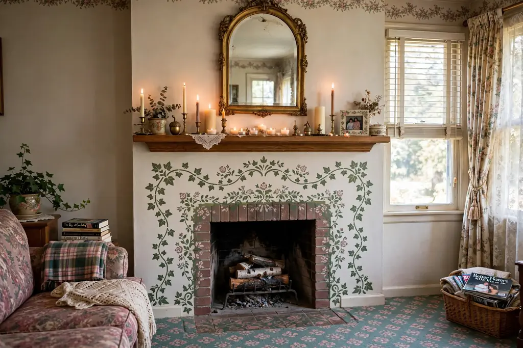 Fireplace mantel with a stenciled ivy and floral motif around the opening in a 1990s living room.