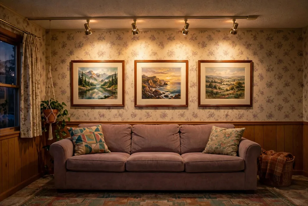 Ceiling track lighting aimed at framed art prints above a sofa in a 1990s living room.