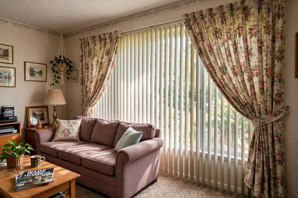 Window with vertical blinds layered with fabric side drapes in a 1990s living room.