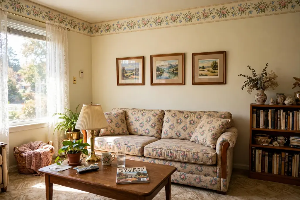 Floral wallpaper border running along the top of the walls near the ceiling in a 1990s living room.