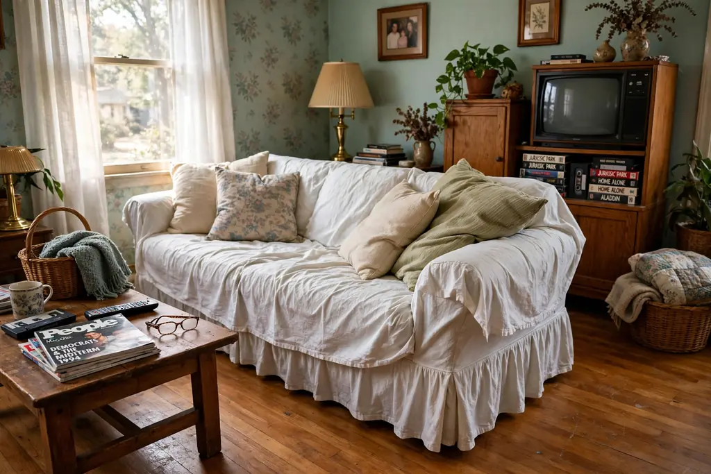 Sofa covered in a loose washed white cotton slipcover with a skirted base in a 1990s living room.