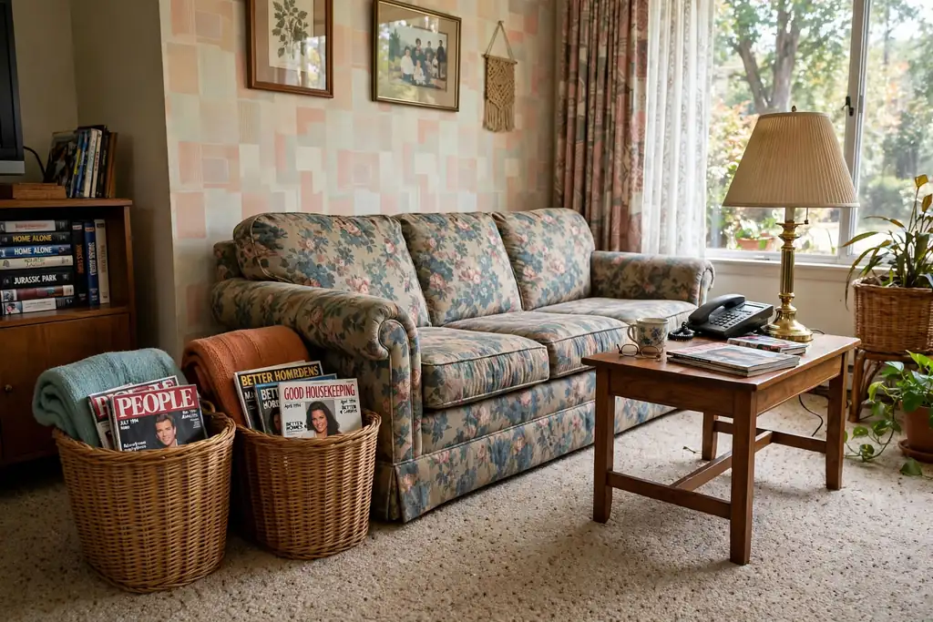 Wicker baskets beside a sofa holding folded throws and magazines in a 1990s living room.